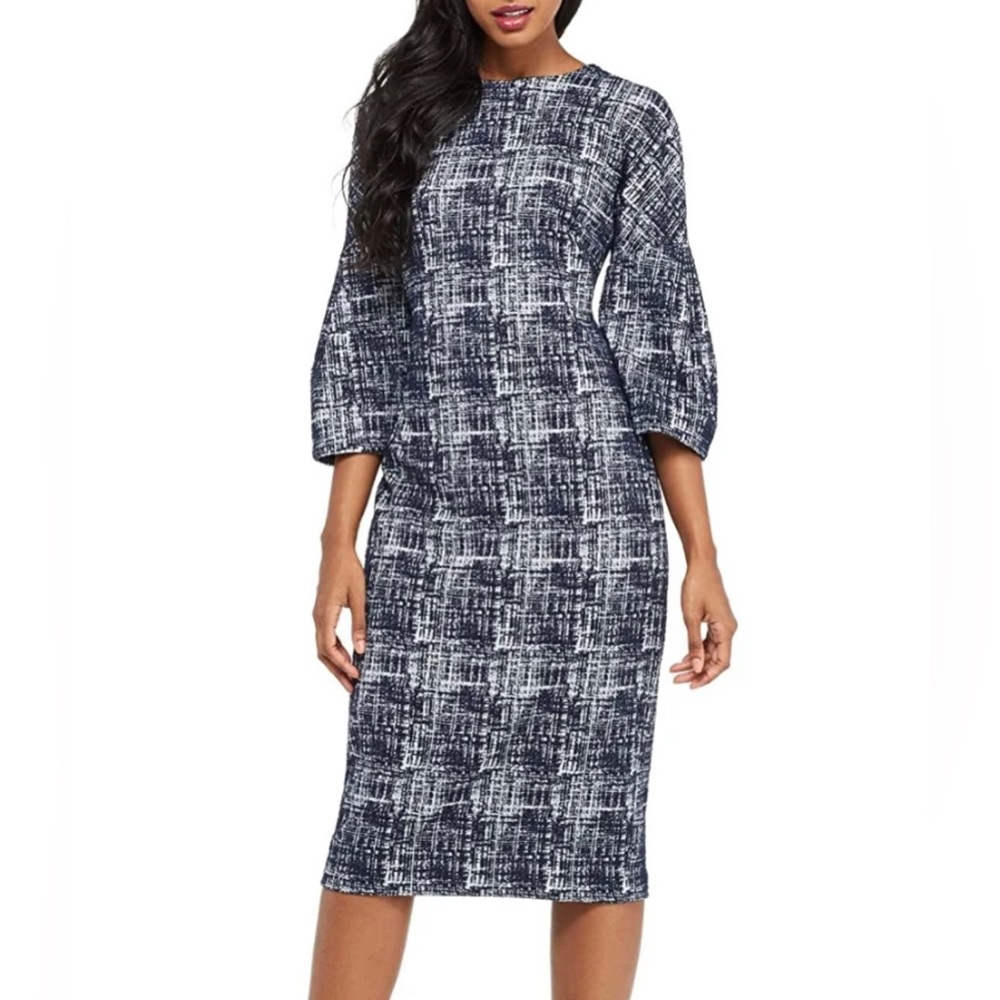 Maggy London Navy and White Long Sleeve Midi Sheath Dress
